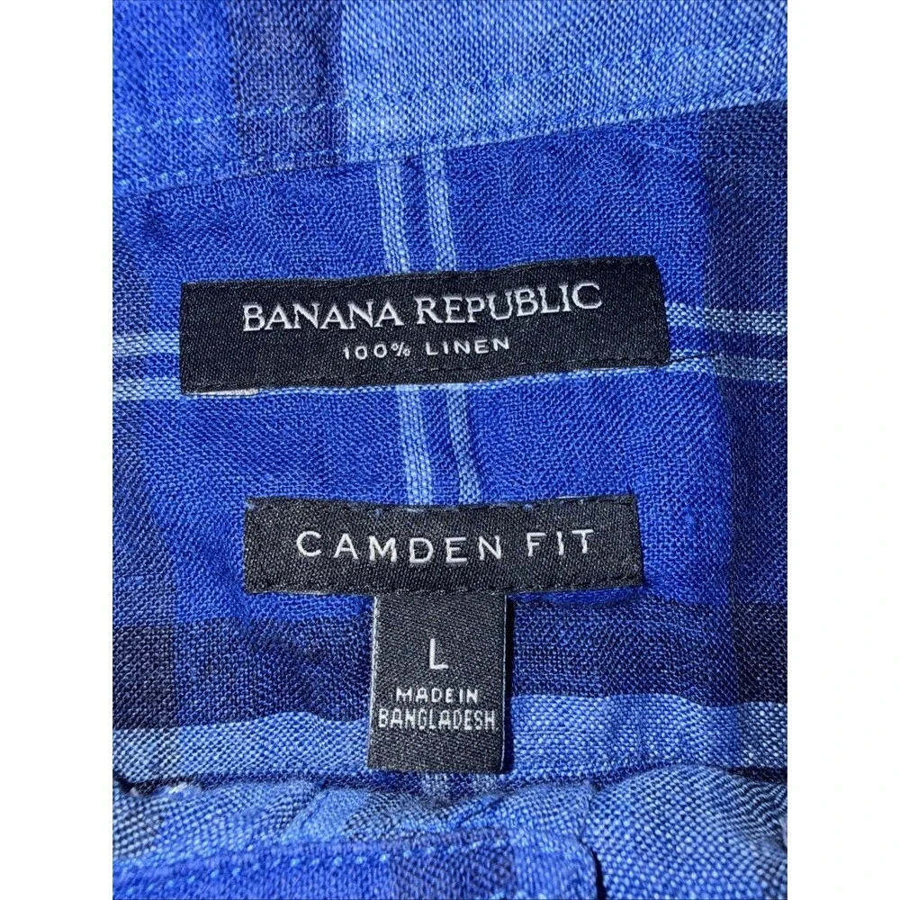 Banana Republic 100% Linen Shirt Blue Plaid Button Down Camden Fit Mens Size L